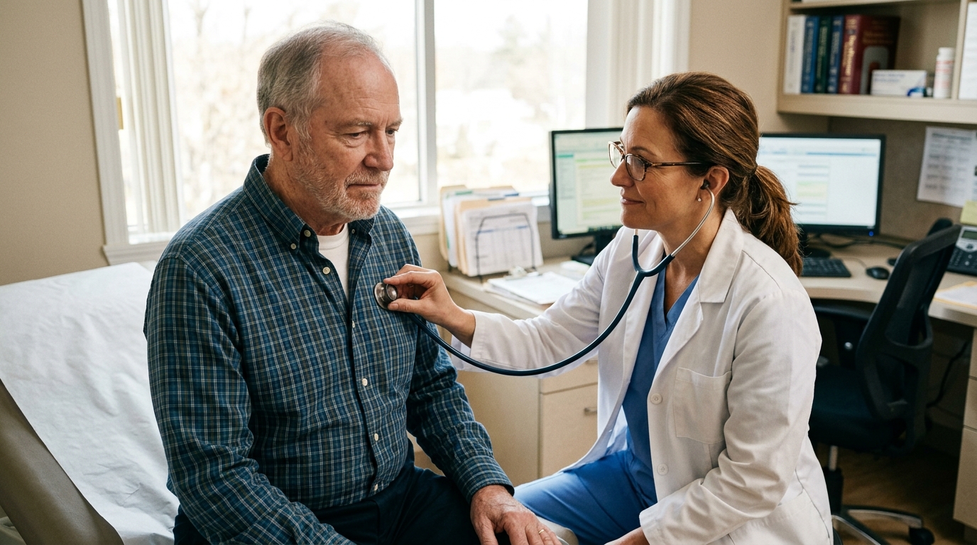Doctor listening to patient's heart with stethoscope, attentive expression