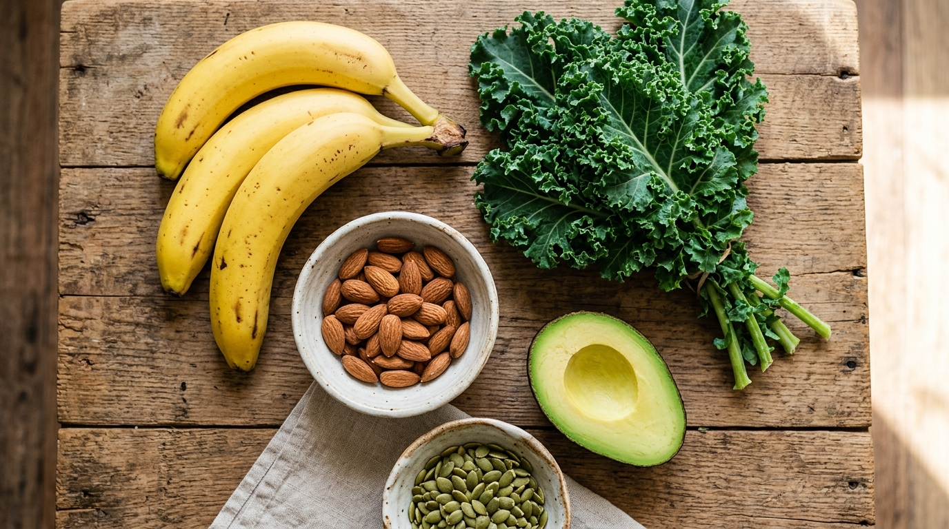 Assortment of electrolyte-rich foods — bananas, leafy greens, nuts, avocado — on kitchen counter