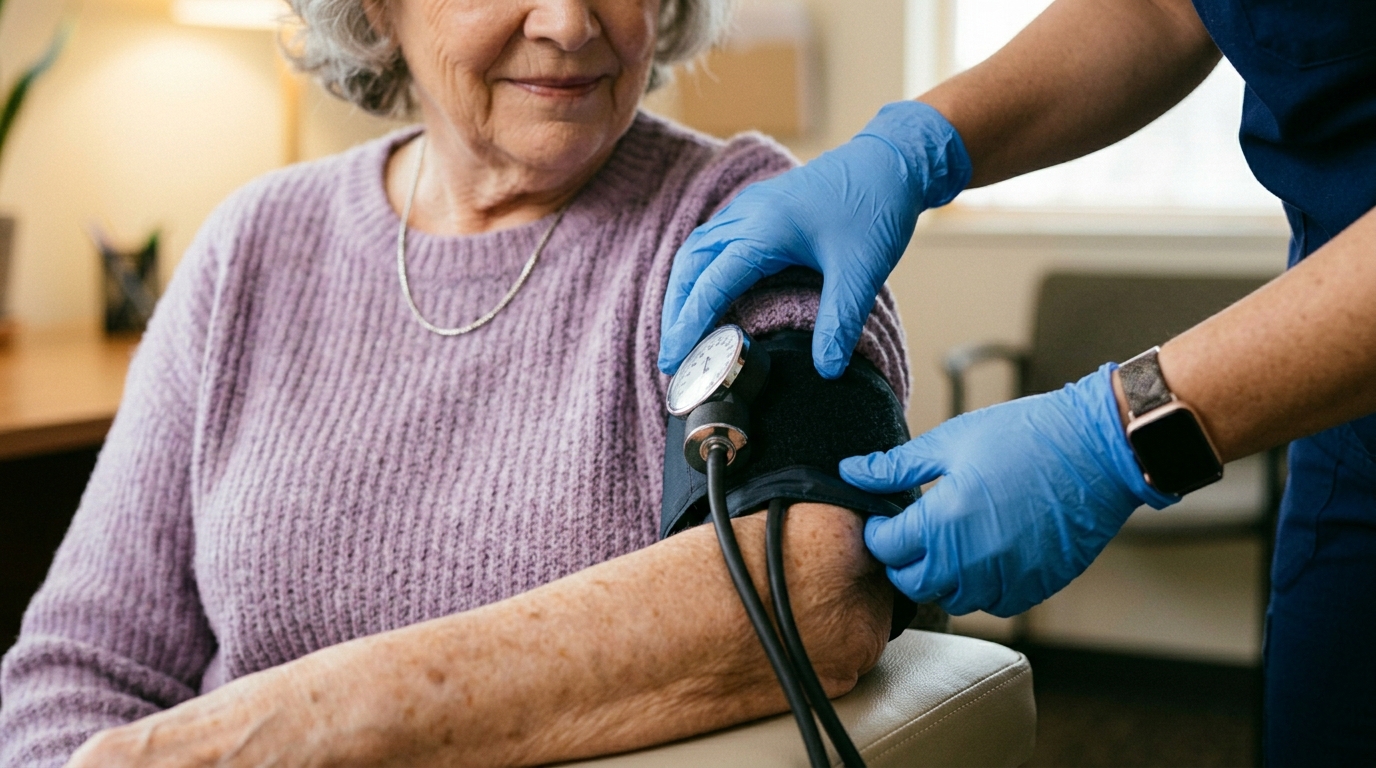 Close-up of a blood pressure cuff being positioned on an older woman’s arm by a nurse