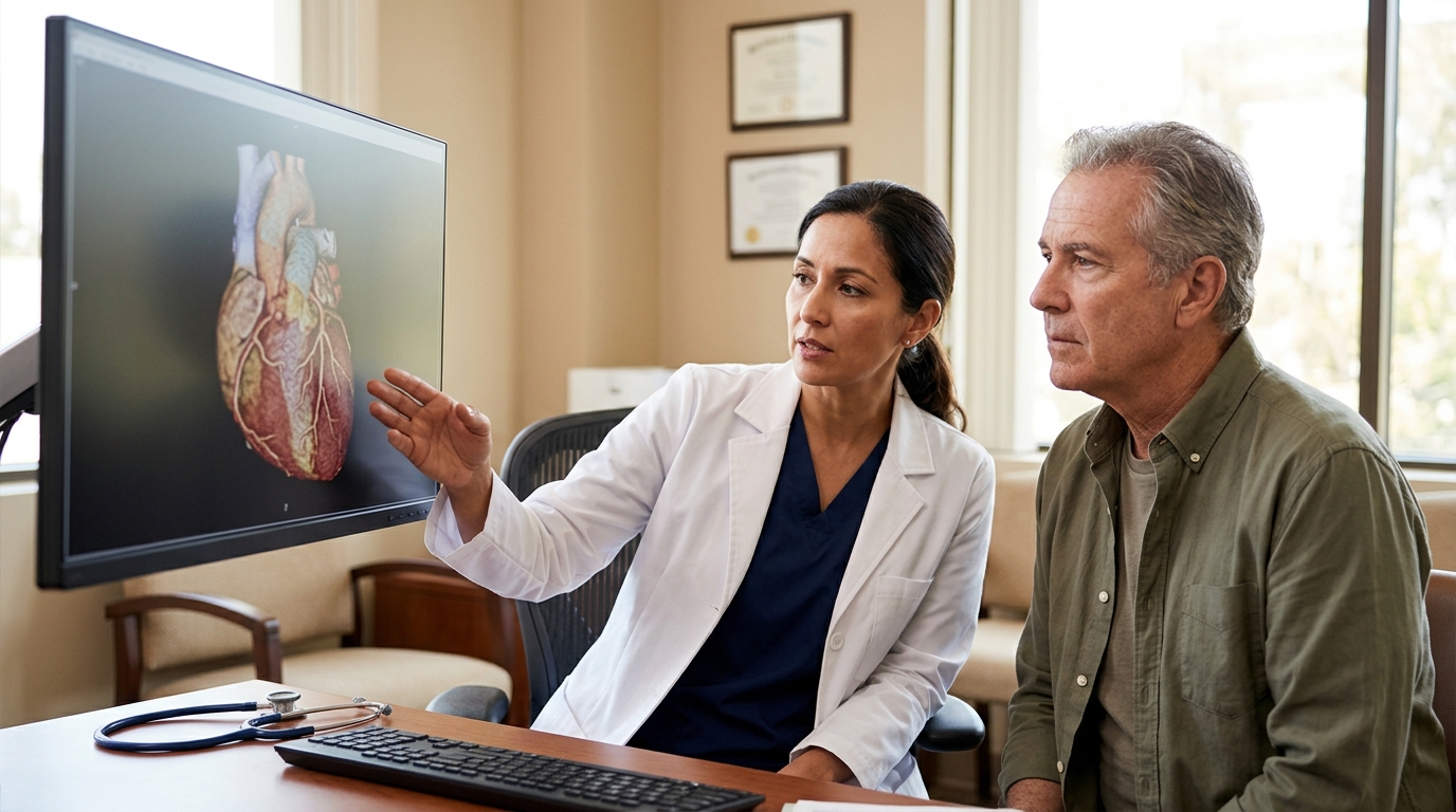 Doctor reviewing cardiac imaging results, attentive and focused expression