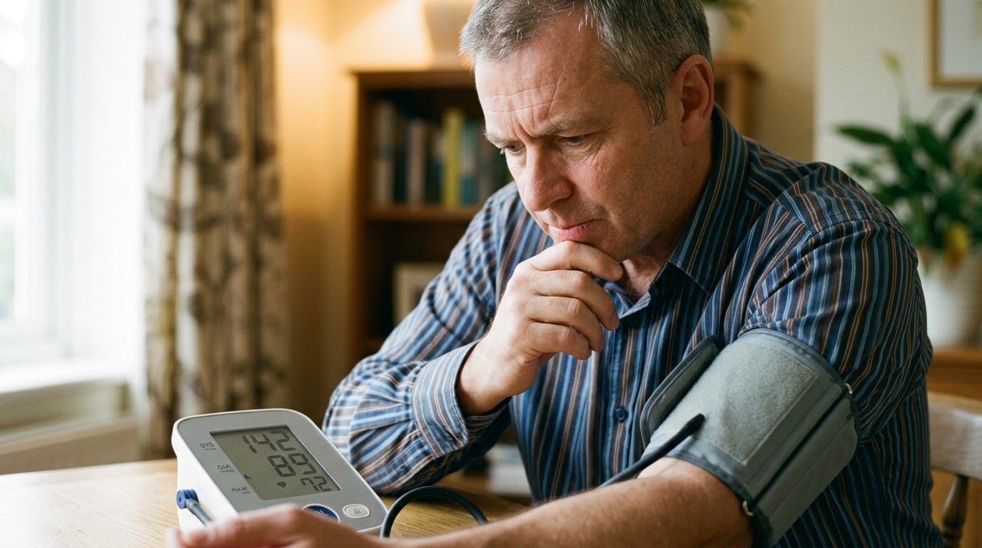 Person reading blood pressure reading on wrist monitor, thoughtful expression