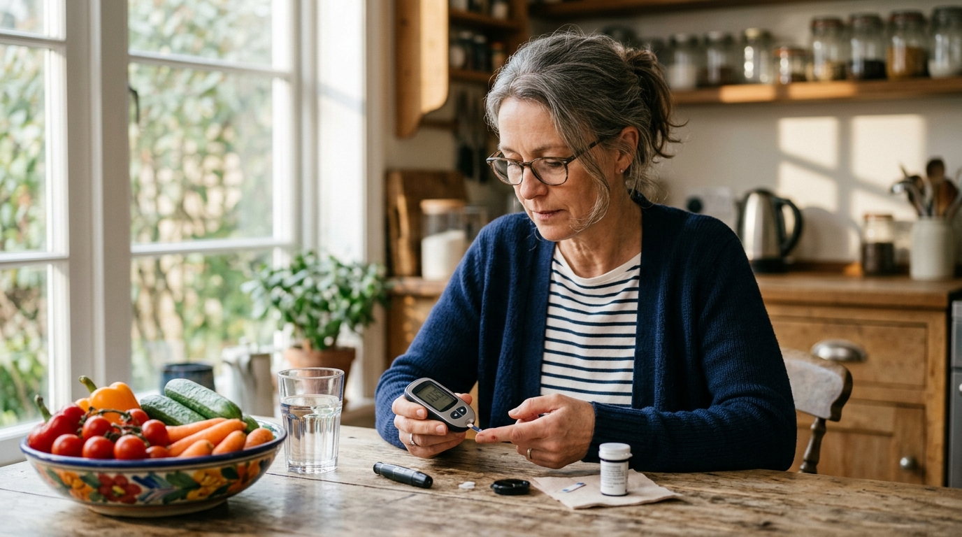 Glucose meter on table beside healthy foods, thoughtful person in background