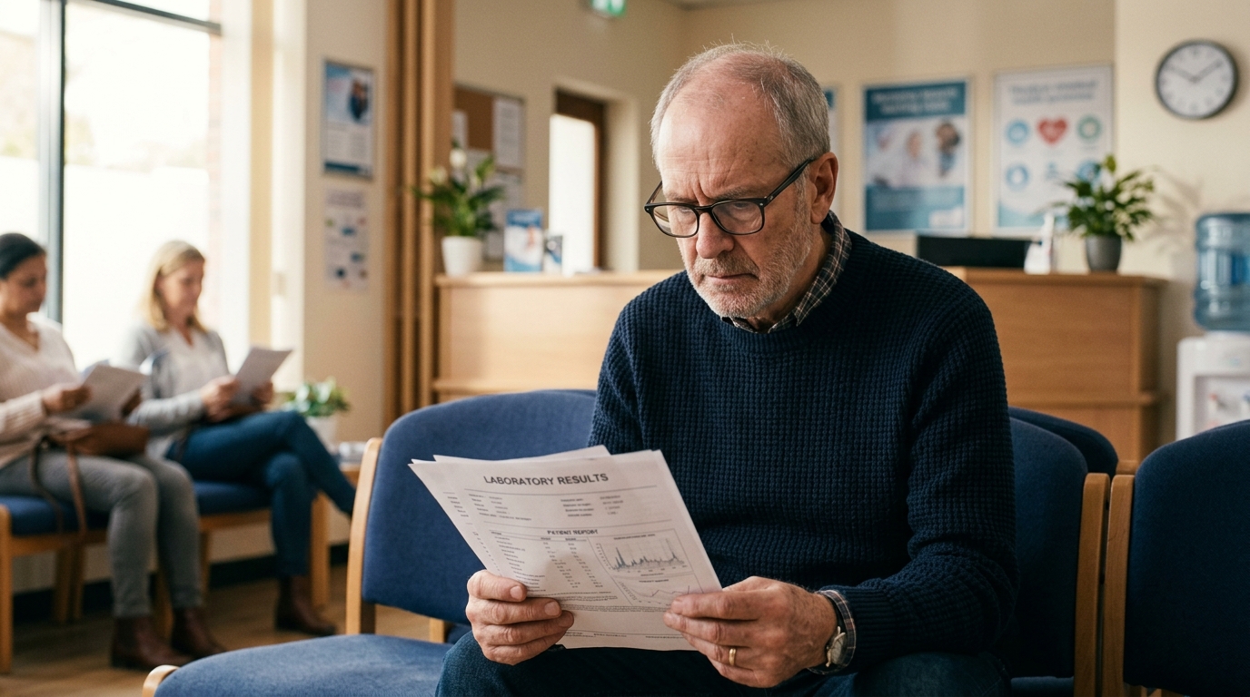 Middle-aged man reviewing blood test results, concerned but attentive expression