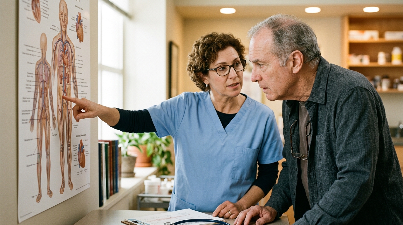 Doctor explaining a cardiovascular diagram to an older patient who looks attentive and engaged