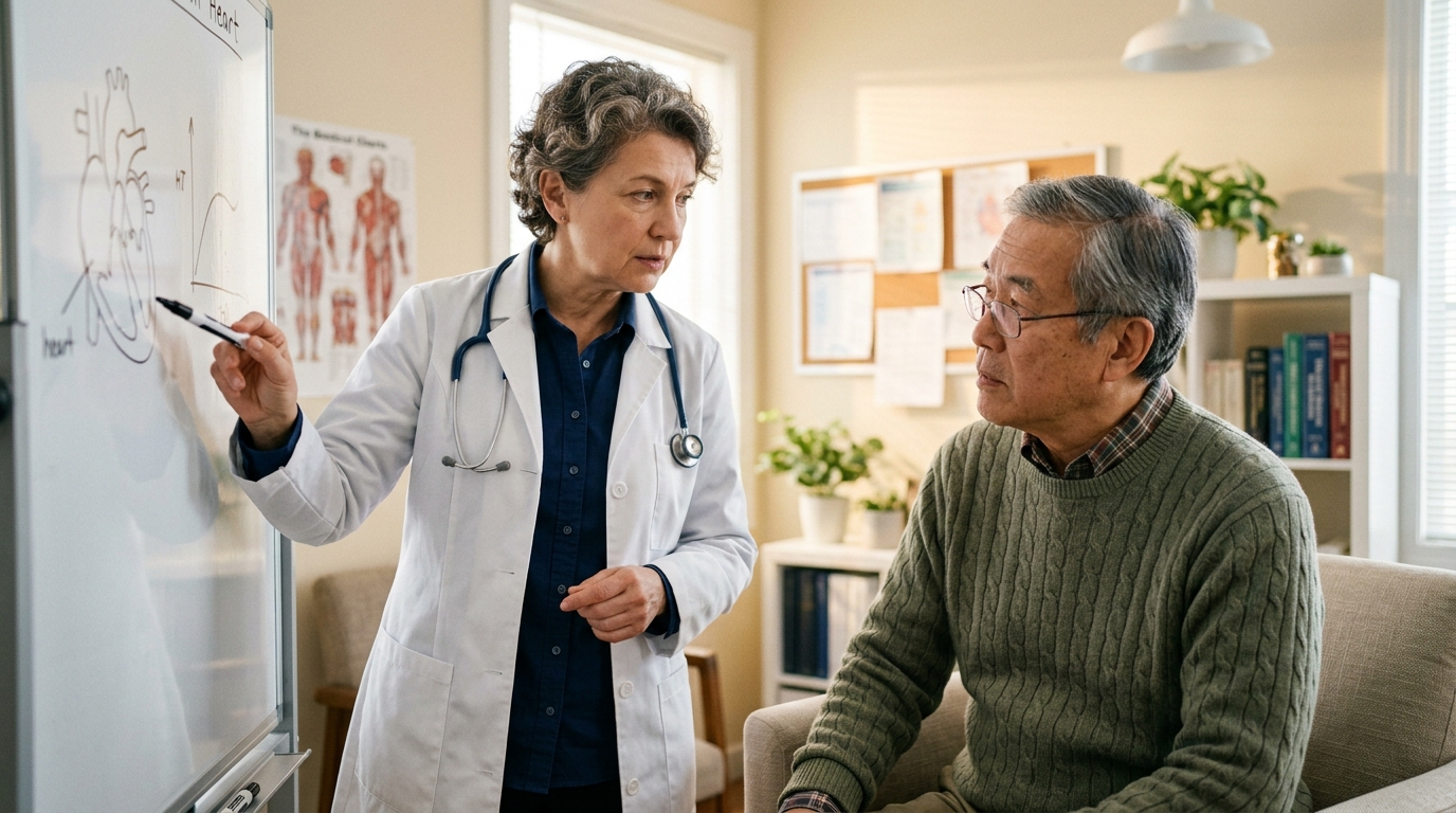 Doctor explaining a medical chart to a patient who looks focused and attentive