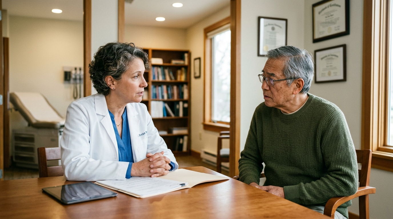 Doctor speaking calmly to a patient in their 60s, explaining important health information