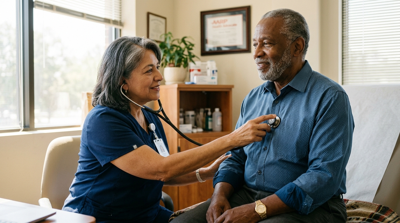 Doctor using stethoscope to listen to an older patient’s heart during a checkup