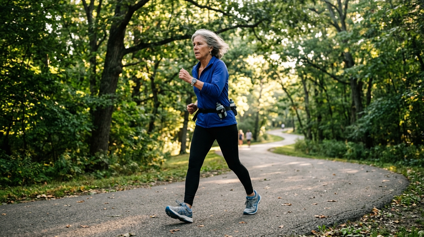 Person exercising outdoors — walking briskly in park, determined expression