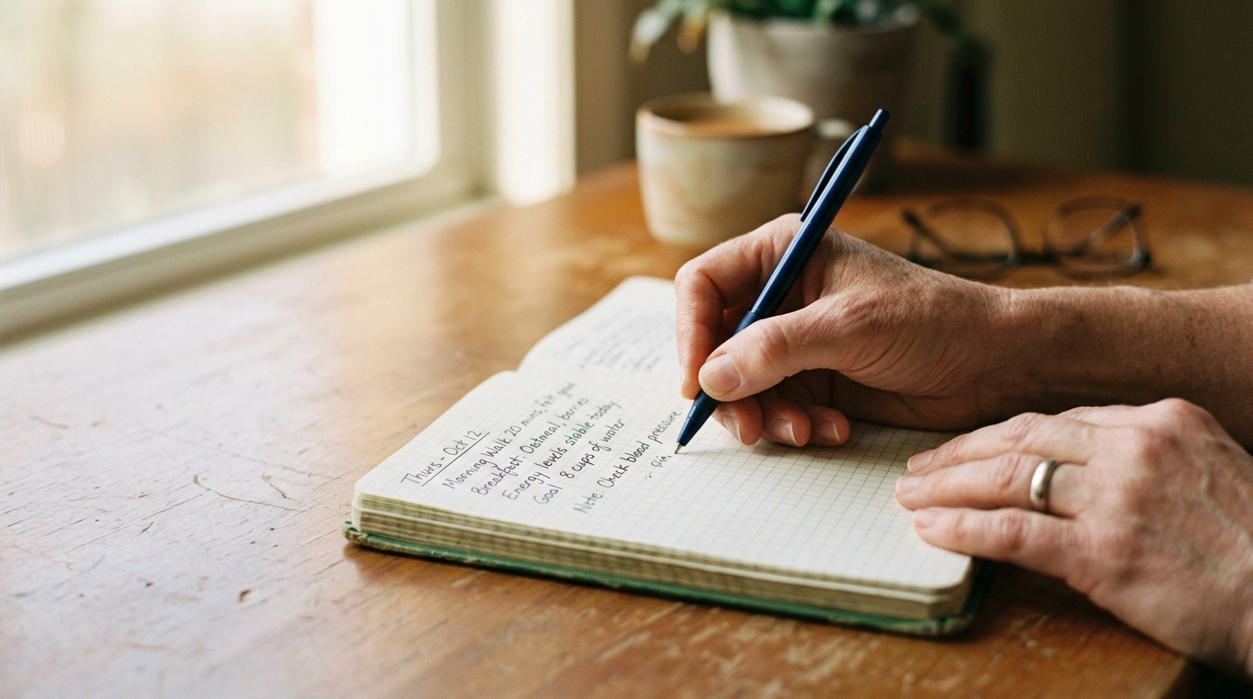 Close-up of a person writing notes in a health journal, intentional and focused