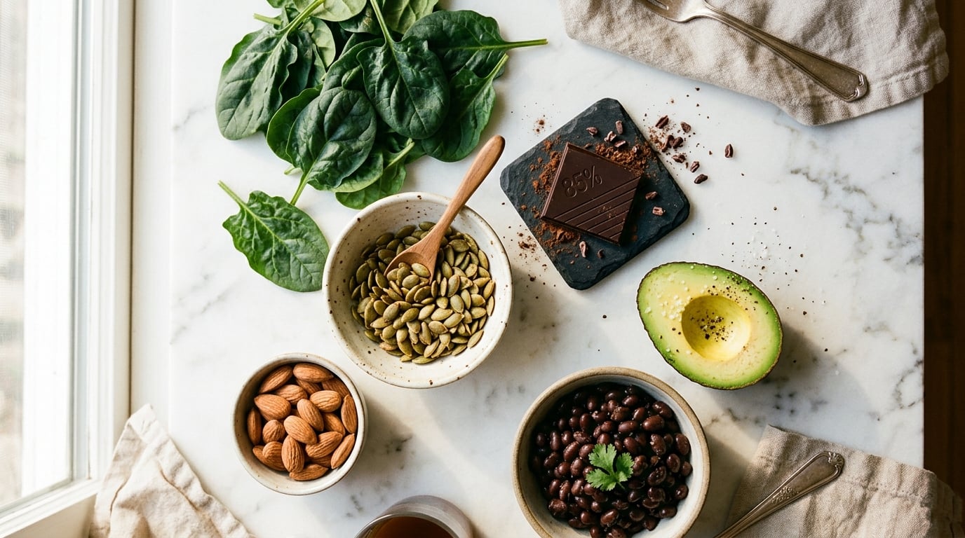 Overhead flat-lay of magnesium-rich foods: spinach, pumpkin seeds, almonds, dark chocolate, avocado