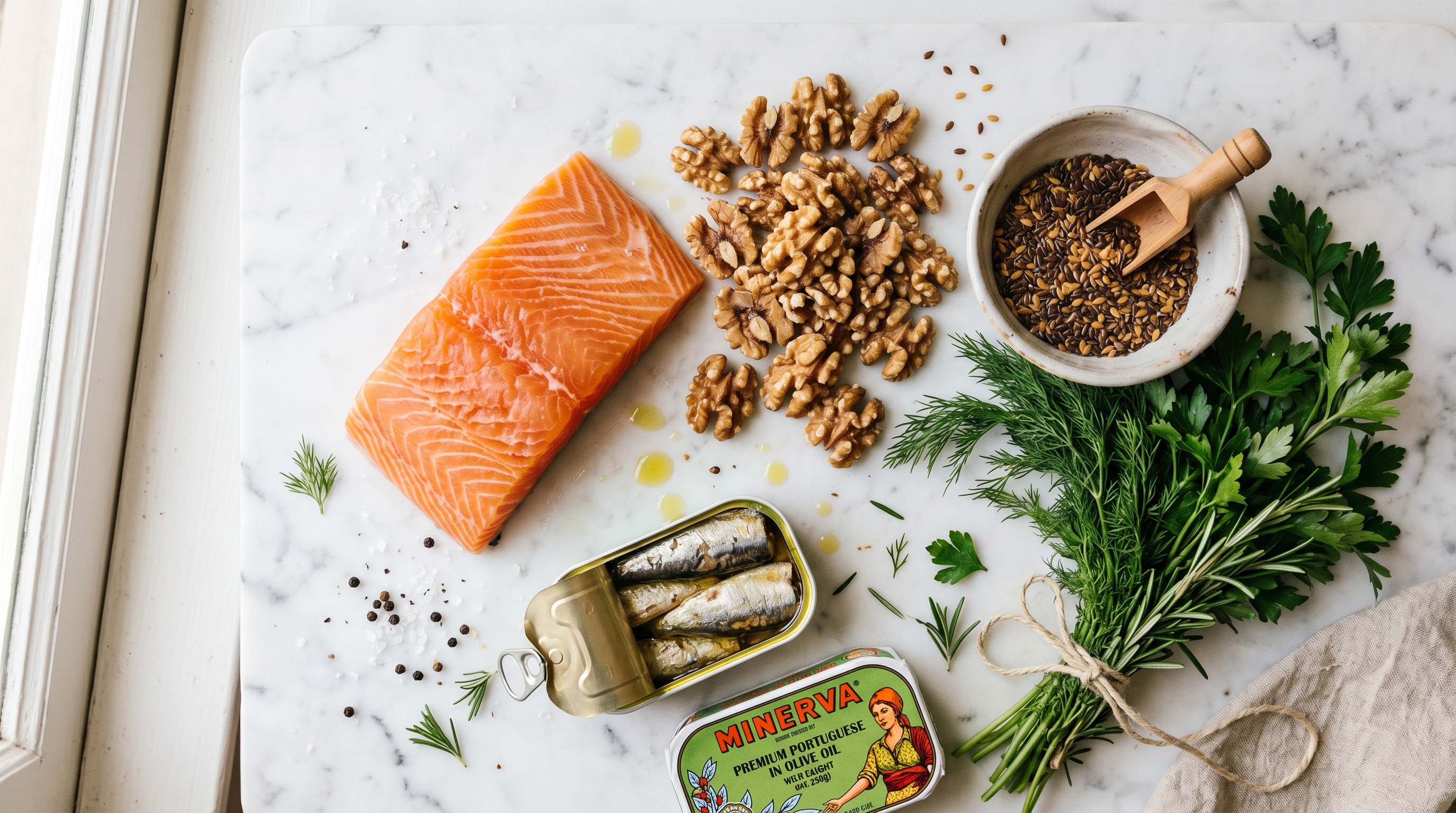 Assortment of omega-3 rich foods — salmon, walnuts, flaxseeds — on cutting board