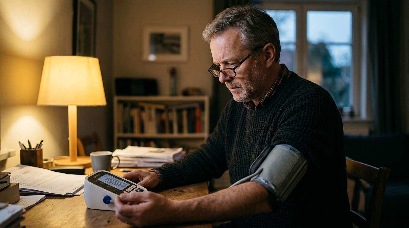 Person measuring blood pressure at home, serious expression, elevated reading visible