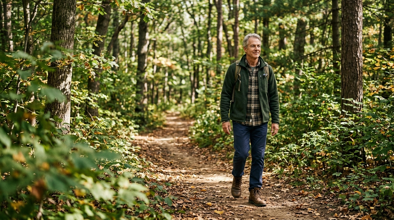 Person walking in nature, visibly more relaxed, calm expression