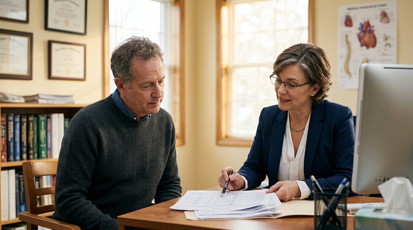 Man speaking with doctor at clinic, attentive discussion about lab results