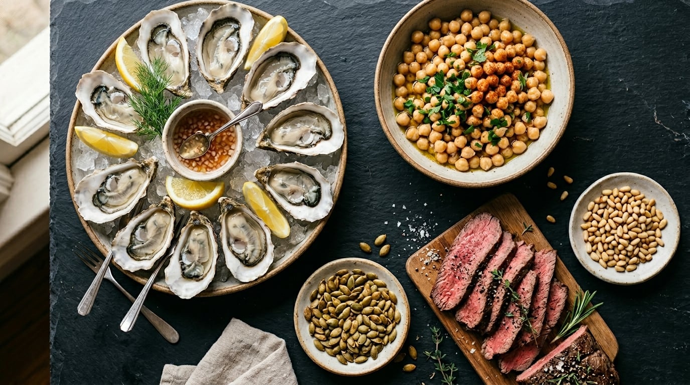 Assortment of zinc-rich foods — oysters, pumpkin seeds, beef, chickpeas — on wood surface